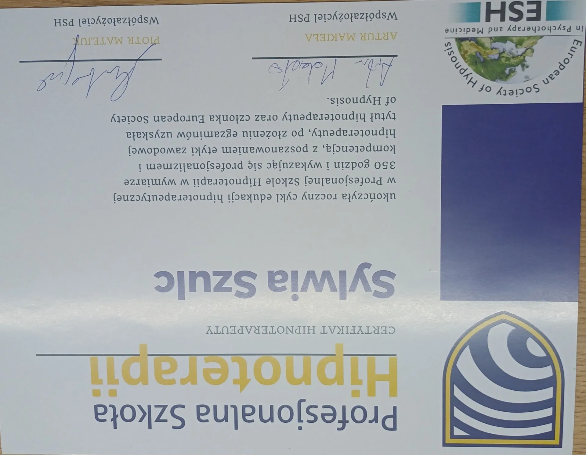 Certyfikat Hipnoterapeuty — Sylwia Szulc, Profesjonalna Szkoła Hipnoterapii