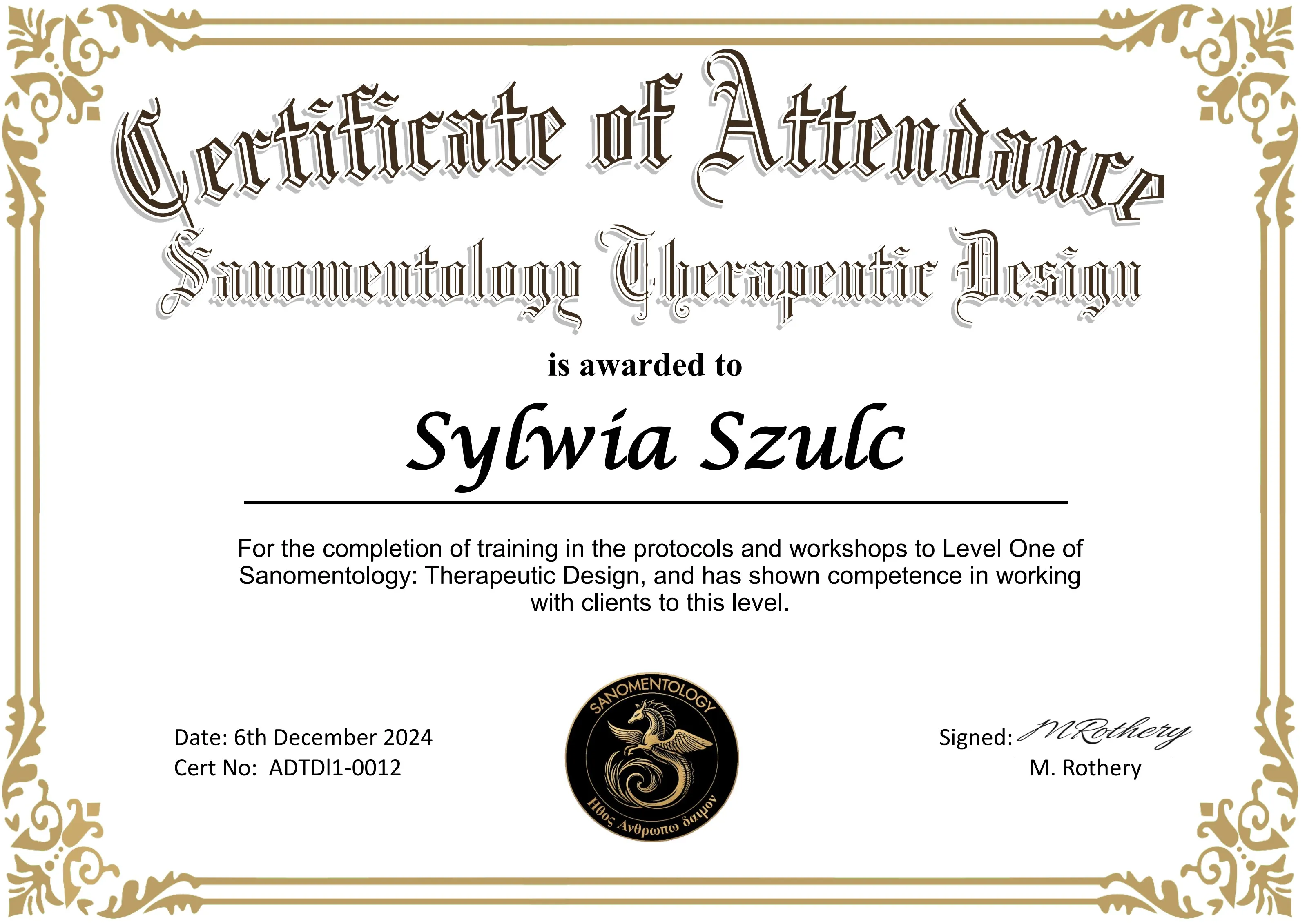 Certyfikat Sanomentologii — Sylwia Szulc, Level One